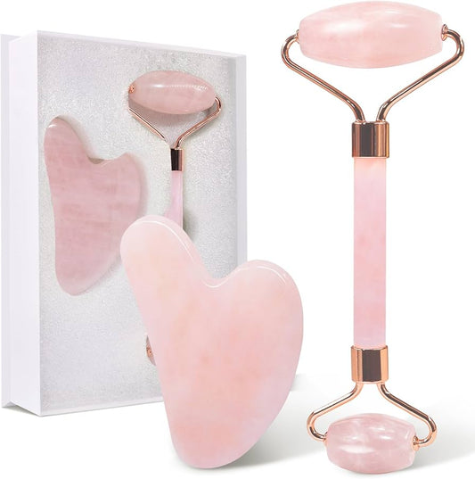 Pink, White, Green double headed Jade roller with gua sha